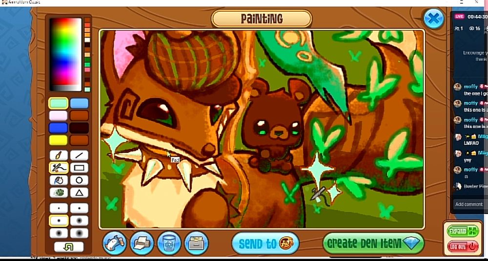 An airbrushed digital painting of a brown fox wearing a cute brown and green tartan hat. He has green butterflies on his tail and has a cute little baby brown bear pet on his back