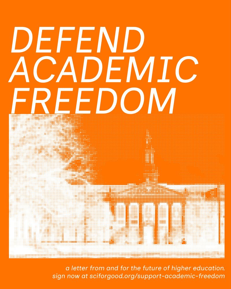 Orange background with the text "Defend Academic Freedom" and a photo of Harvard University. 