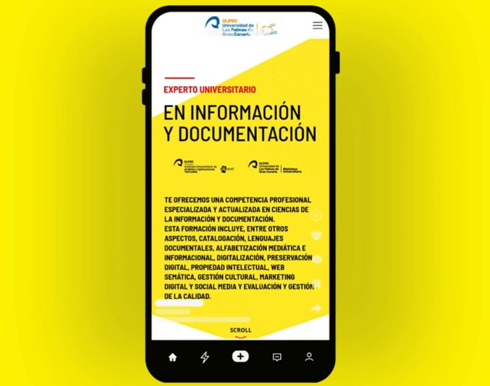 Una pantalla de móvil con la web del curso "Experto universitario en información y documentación"