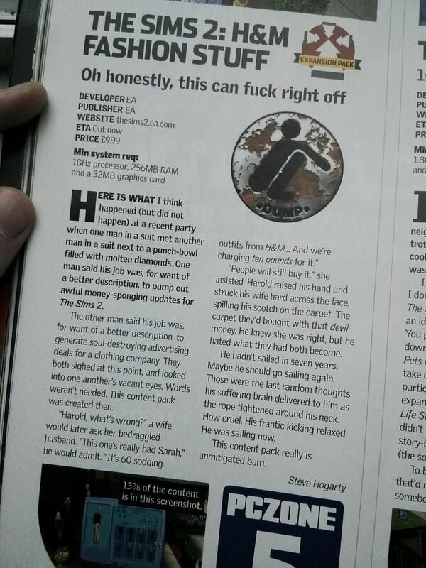 Photograph of the text of a magazine review of The Sims 2: H&M Fashion Stuff.