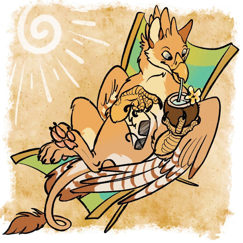Kalenai the gryphon on a beach lounge chair, holding a pair of sunglasses and sipping a drink out of a coconut shell, a stylized sun shining down.