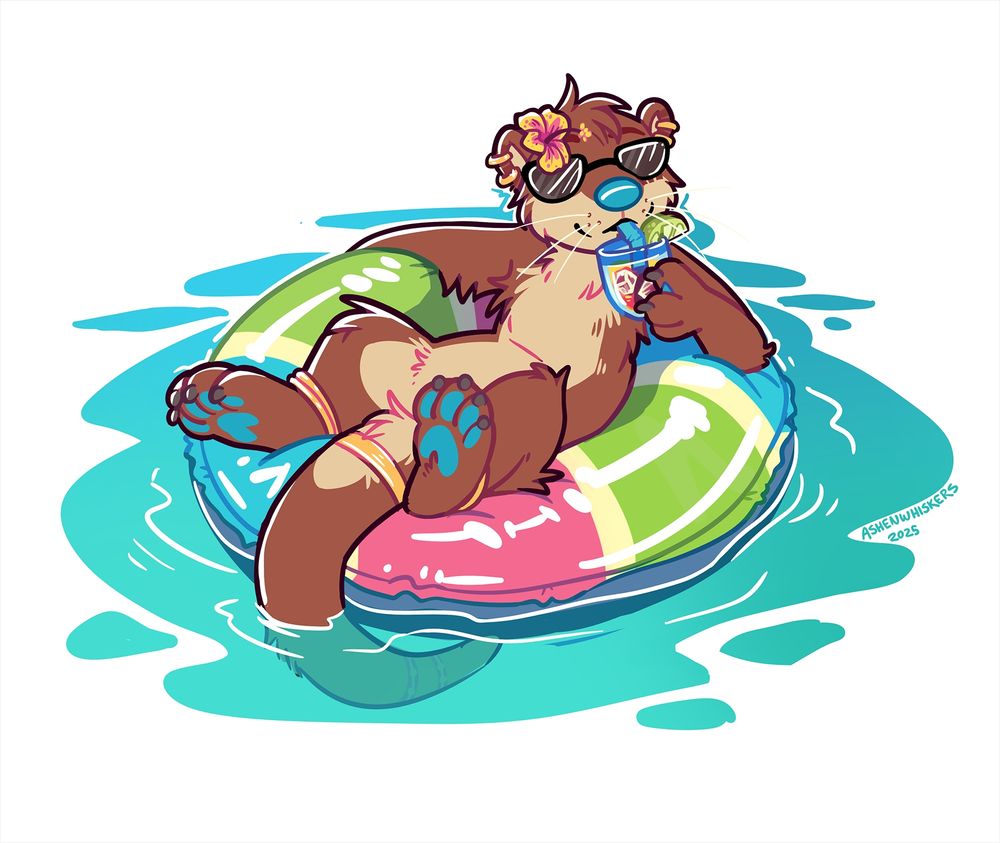 Percy the otter in an inflatable pool tube, wearing sunglasses, jewelry, and a hibiscus and sipping a tropical drink.