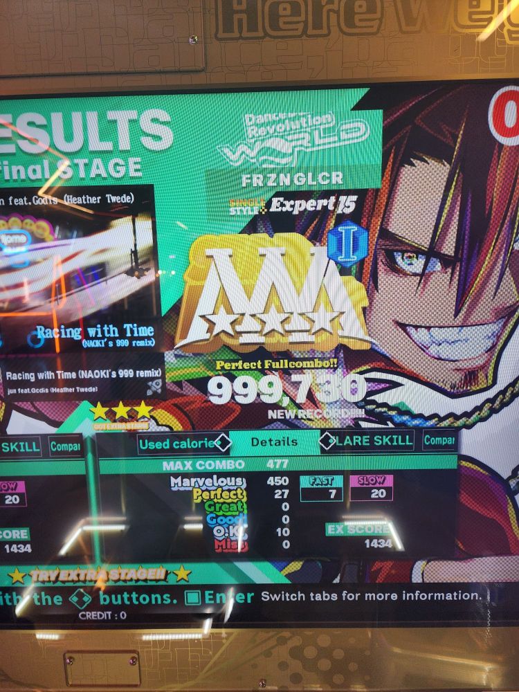 A Perfect Full Combo with 27 perfects on the Single Expert chart for Racing With Time, which is rated as a Level 15.

That is my 90th SP15 PFC overall! Closing in on the big 100... 👀