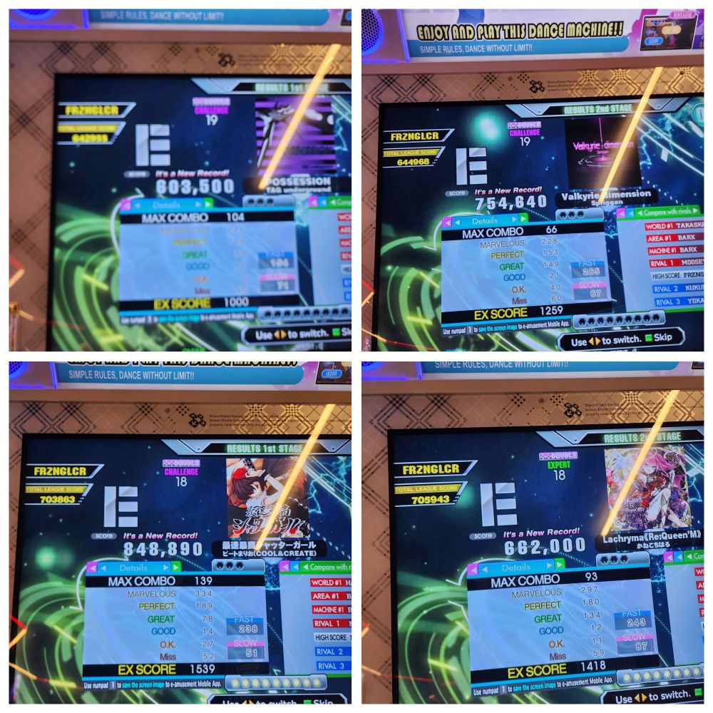 Attempts on DP18s and DP19s
- Possession CDP: peep that triple digit max combo! Made it to the death run, still a bit far away from a clear
- Valkyrie Dimension CDP: Almost got it, made it to the final speedup - this one seems promising!
- Shutter Girl CDP: Another close one - made it to the third set of crossovers in the ending! Could be a good clear...?
- Lachryma EDP: My shoelaces didn't come undone this time, yaaay! Made it to the death 12ths, as expected. Revisiting this one later, once I'm a bit closer to the DP18 clear lamp