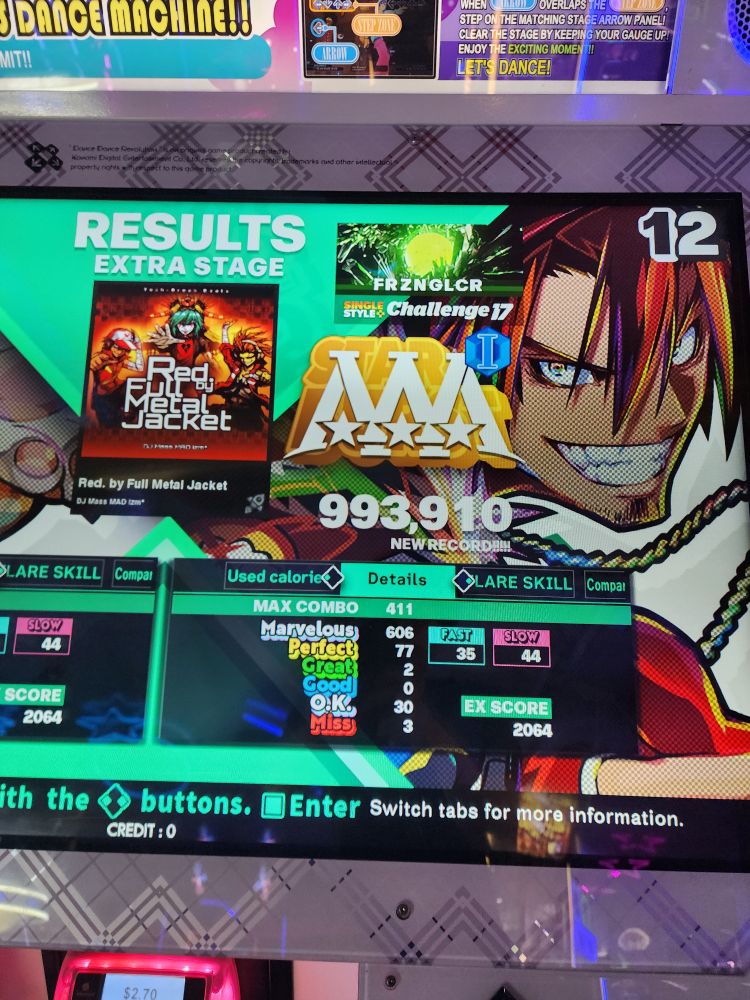 A Triple A (AAA run) with 77 perfects, 2 greats and 3 misses on the Challenge chart for Red by Full Metal Jacket.

Even on stock pads, turns out I can footswitch mostly fine! First great was at a random 8th crossover, then the rest was probably near the end of the down switches.

Very much a PFC candidate for me, but for now - that makes a new SP17 AAA (#28).