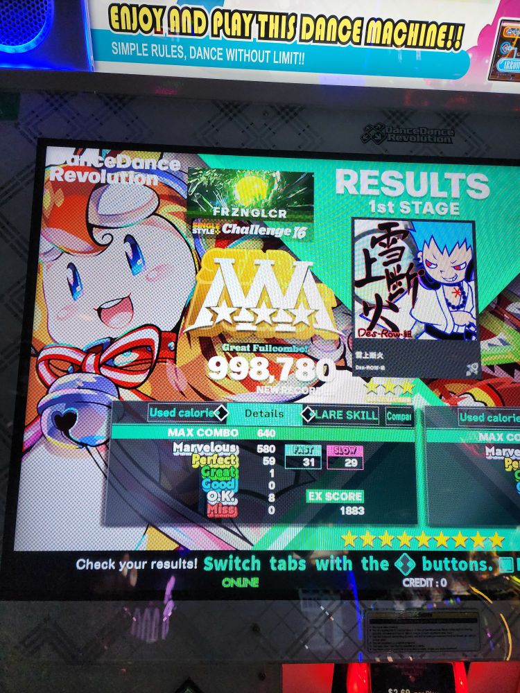 A Great Full Combo with 59 perfects and 1 great for the Challenge chart for Danmaku shinkou.

On a first play?! Holy cow, that is 100% going to happen soon! Felt very comfortable for most of it - I was hoping there'd be a little bit more going on in the slowdown.

Otherwise this is a solid chart that focuses on 12th streams and some stepjumps! Keen to try and close this one out.

