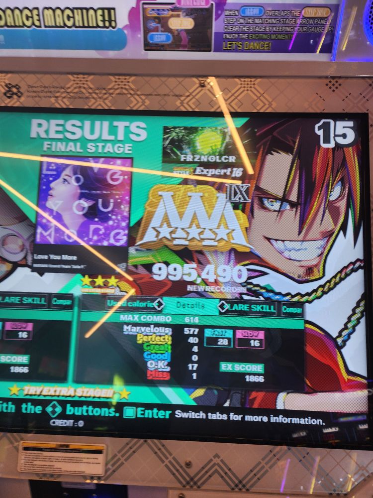 A Triple A (AAA) run with 40 perfects, 4 greats and 1 miss on the Single Expert chart for Love You More.

As expected, I picked up one of the greats in the second 16th stepjump. And I had a gold combo until the first burst after the first 16th stepjump...
The miss was in the final stream! Still very fun to play!

Probably can PFC this chart, if everything lines up correctly.