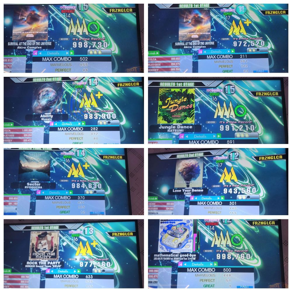 Some DP14+ doubles scores from today!
- DP14 AAA #155 (Survival at the End of the Universe)
- DP16 AAA #21 (Jungle Dance)
- 1st plays of the other Silver League songs and Rock the Party
- Shaved 1g off Mathematical Goodbye DDP