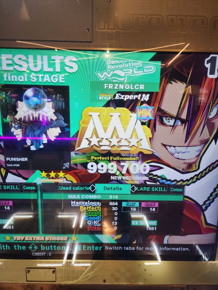 A Perfect Full Combo with 30 perfects on the Expert chart for Punisher on Singles.

I was surprised it ended up being that good - especially when I was playing on a gold cabinet (on an already early song)

Still a bit more room for improvement but I'm satisfied with the MA!