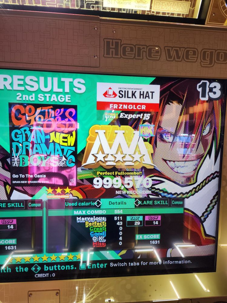 A Perfect Full Combo with 43 perfect on the Expert chart for Go to the Oasis on Singles.

Last set of the day and I just wanted to try this for fun - wasn't expecting to PFC it right then and there! Those 12th runs at the end were so shaky, I probably picked up a bunch of them there.

I couldn't be more happier with this though - this is also a new 15 PFC on Singles! (#93)

Only 7 more of those until the big triple digits...