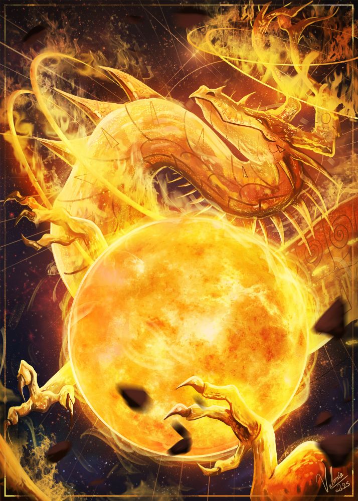 A golden, flaming dragon wrapped around a glowing sun, floating in space among fragments of rock.