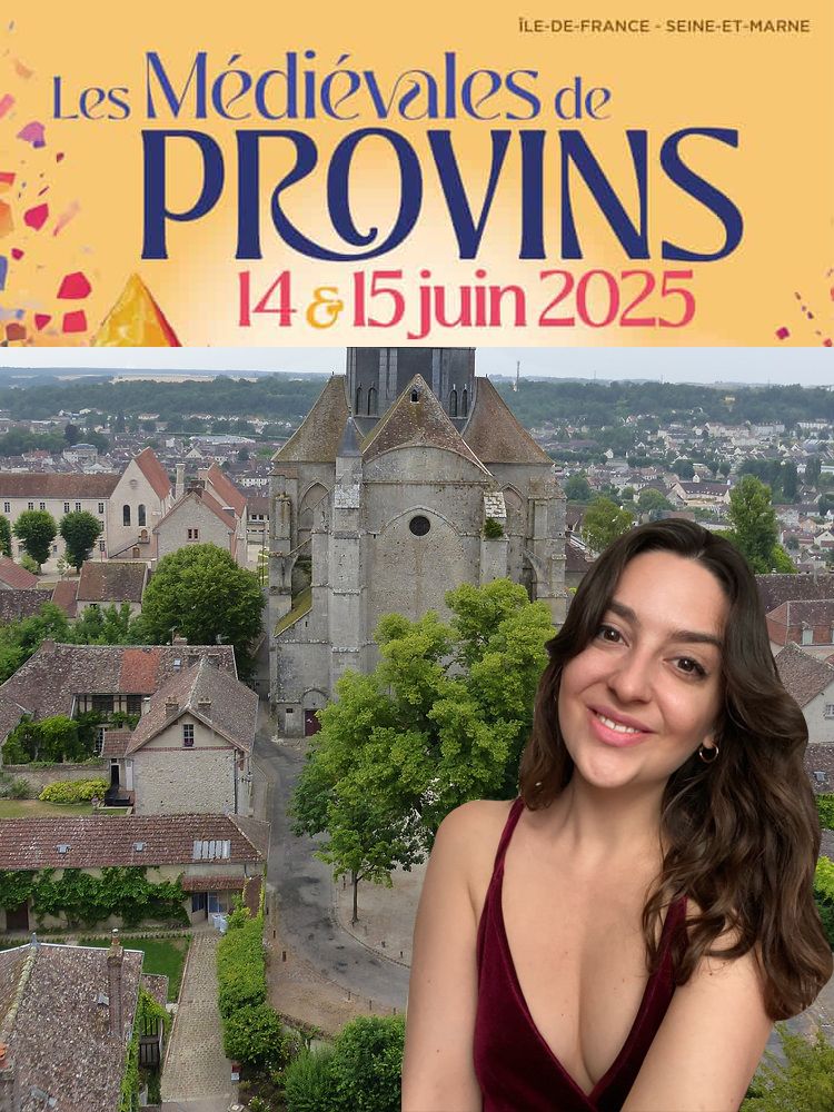 Une photo de Valonia au premier plan. Derrière elle l'église saint quiriace à Provins elle sera située pour les médiévales. En haut le titre "les médiévales de provins du 14 au 15 juin".