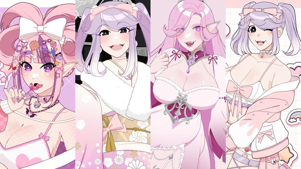 Art banner with 4 pink images featuring Ironmouse's decora outfit, my OC Miyuki in a pink kimono and her default, and some com work with a pink haired elf in a pink dress