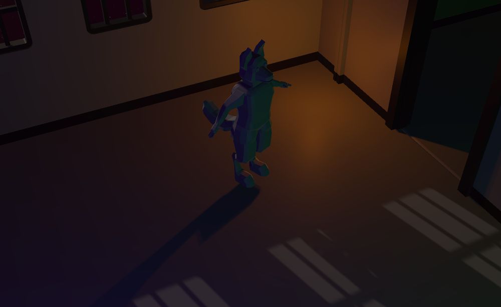 A screenshot of a low-poly placeholder wolf anthro character in a house scene. There's spooky lighting.