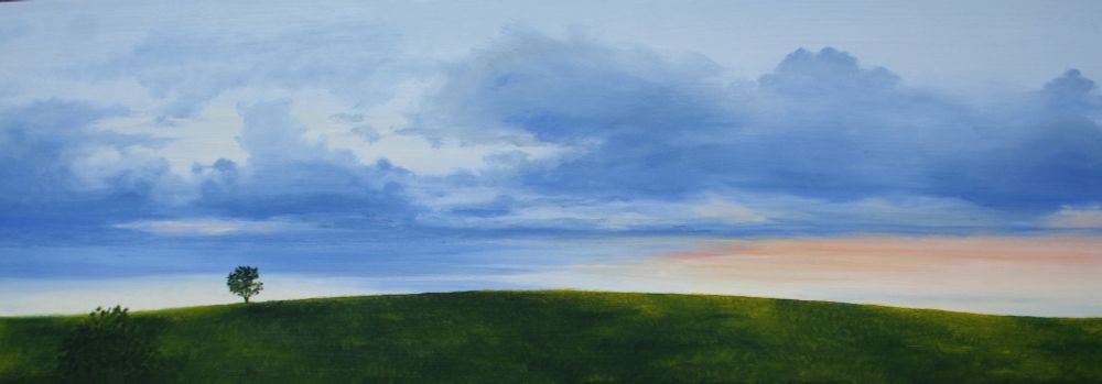 Setting sun behind evening clouds over an empty pasture with a solitary tree