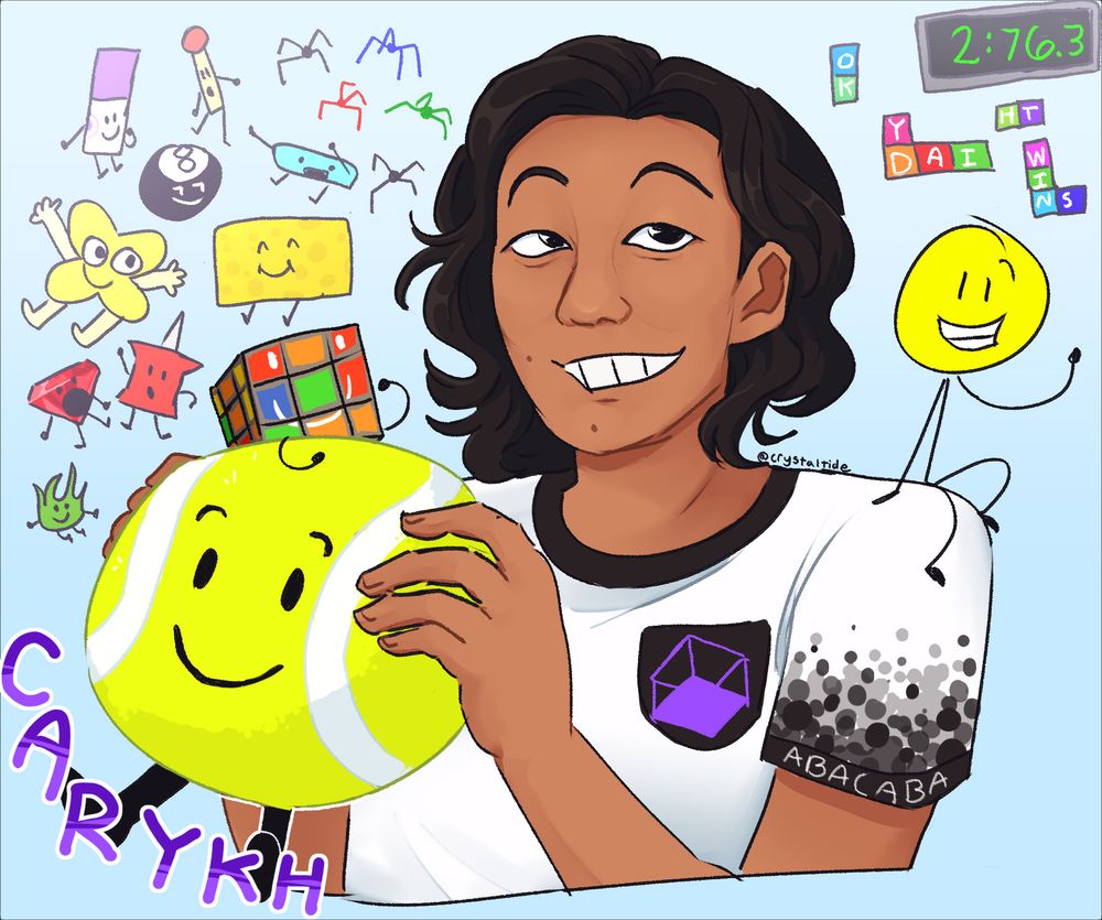 Cary Huang drawn in a semi-realistic style. He is holding a big tennis ball plush with Ruby Cuby (the icon of cubykh) on top of it. Yellow Cary is sitting on Cary's shoulder and waving. In the lower left in purple text is "Carykh" and the background is filled with references to Cary's works. Included is: X, Marker, Match, Bracelety, Eight Ball, Pin, Ruby, Grassy,and Spongy who he all voices. To the right there are blocks from Scrabble Tetris, two of which spell out "HTWINS" and a timer in the top right which has the time "2:76.3"