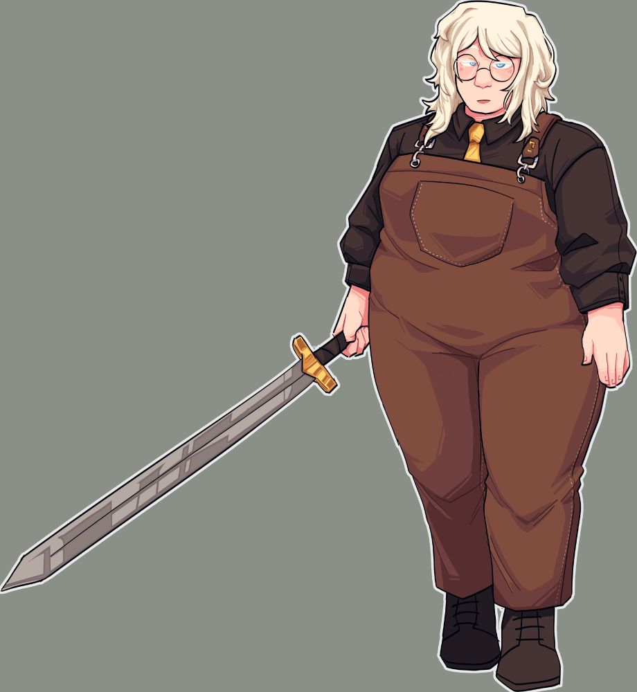 Faust from limbus company standing with a long sword. She is wearing a black button up shirt with a yellow tie, round glasses, and brown overalls. 