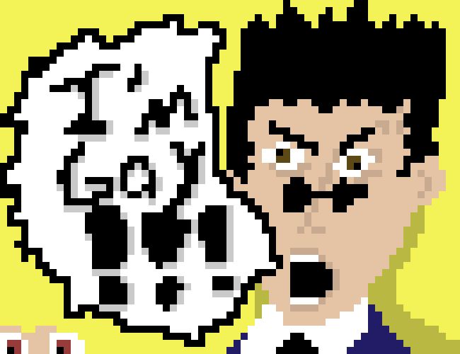pixel art of leorio from hunter x hunter yelling "im gay!!!" with a yellow background... and some red eyes in the bottom corner owo