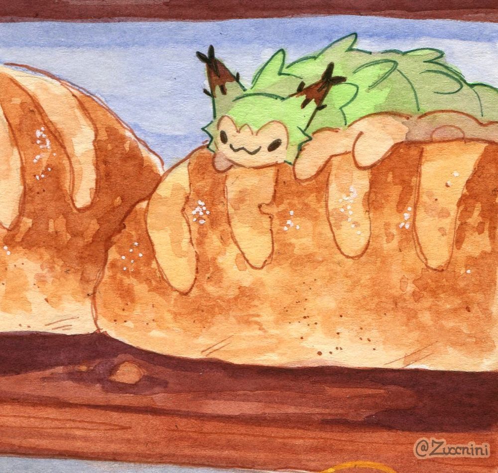 Watercolor artwork of Goobi, loafing on bread. 