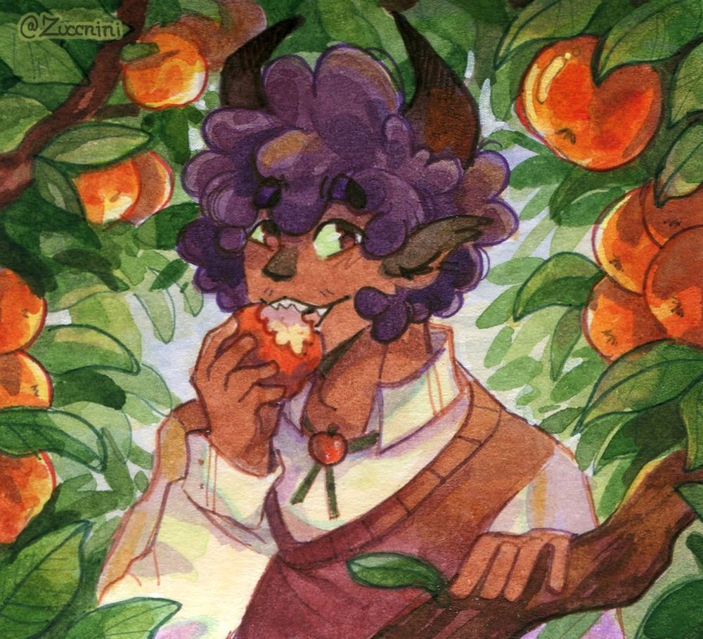 Watercolor artwork of Markus eating a apple while looking at another, larger apple. 