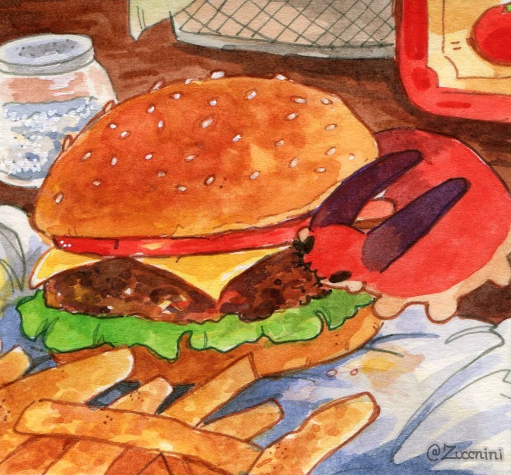 Watercolor artwork of wormbo eating a hamburger