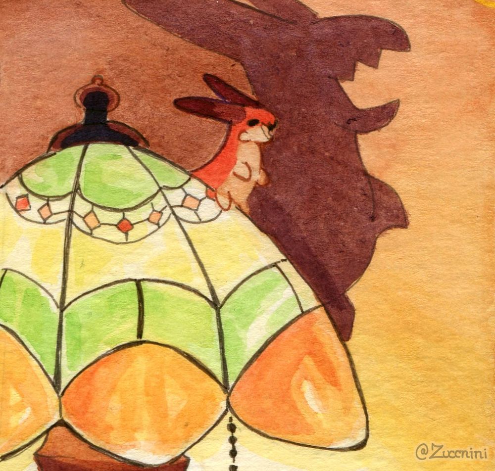 Watercolor artwork of Wormbo on a stained glass lamp roaring 