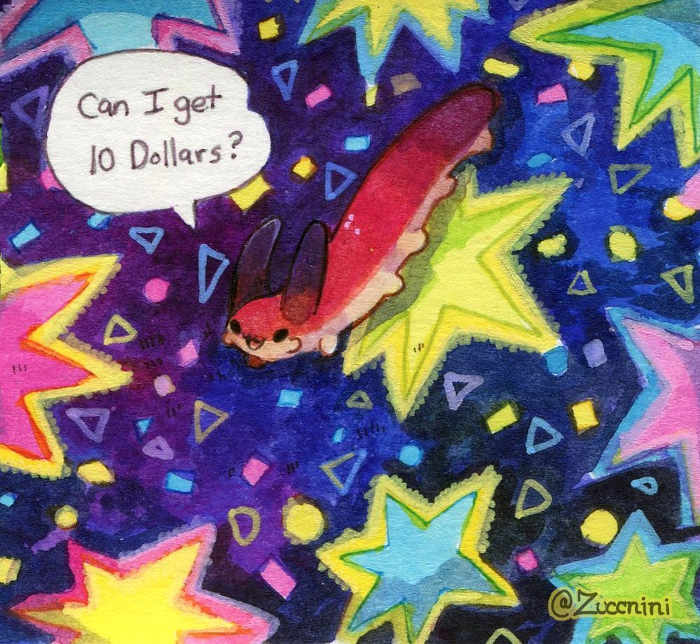 Watercolor artwork of wormbo on the arcade floor asking for money