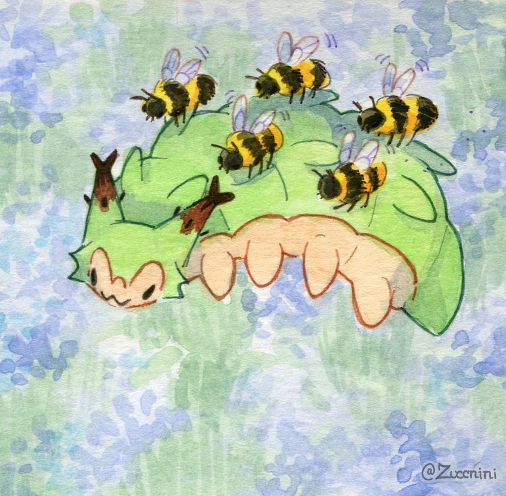 Watercolor artwork of goobi being lifted by bees