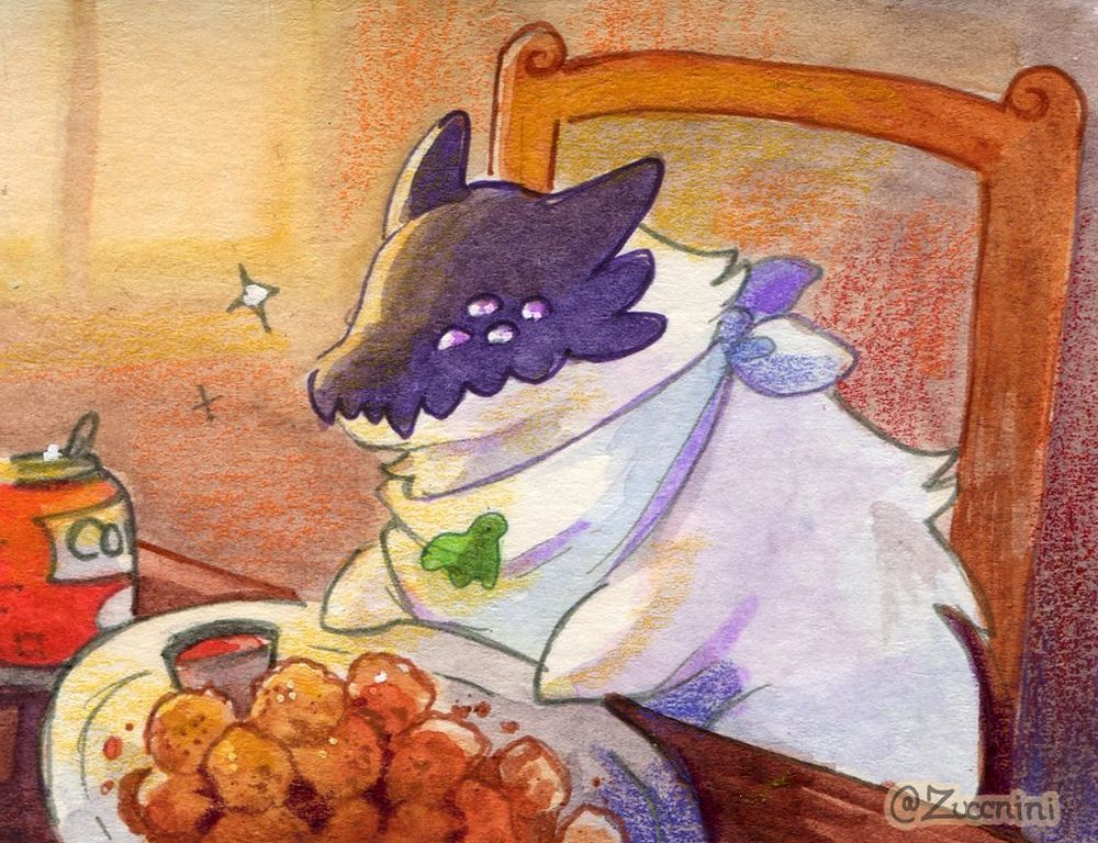 Watercolor artwork of mr dinosir sitting at a table with a plate of chicken nuggets in front of him. 