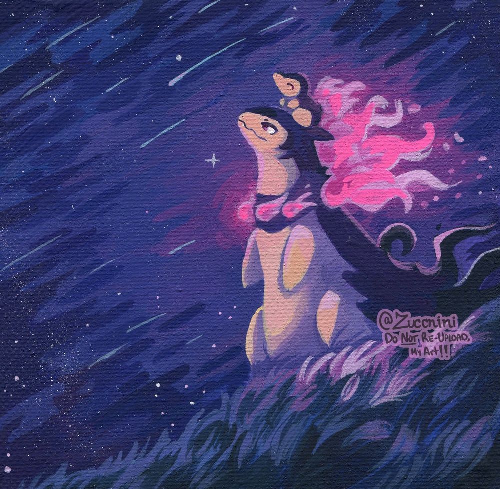 5x5 Canvas painting of the pokemon Hisuian typhlosion looking at the stars with a baby cyndaquil on it's head. 