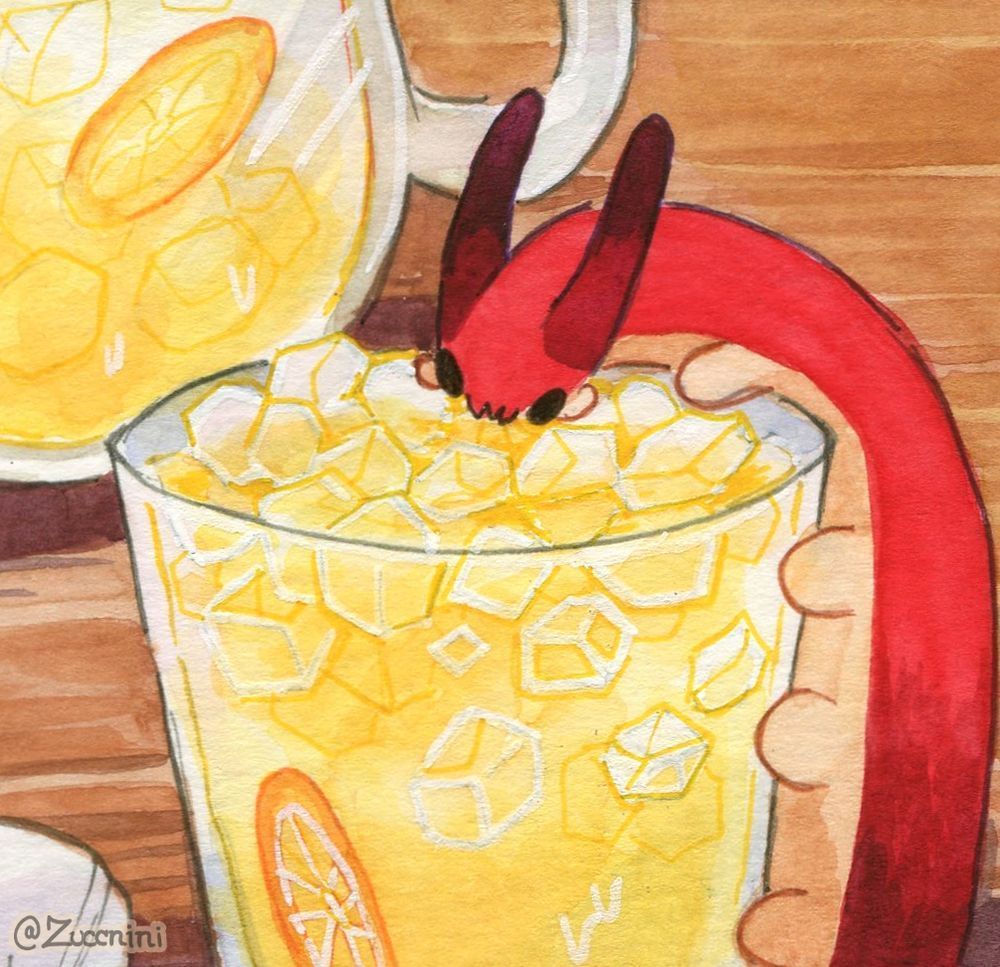 Watercolor artwork of Wormbo sippin on lemonade 