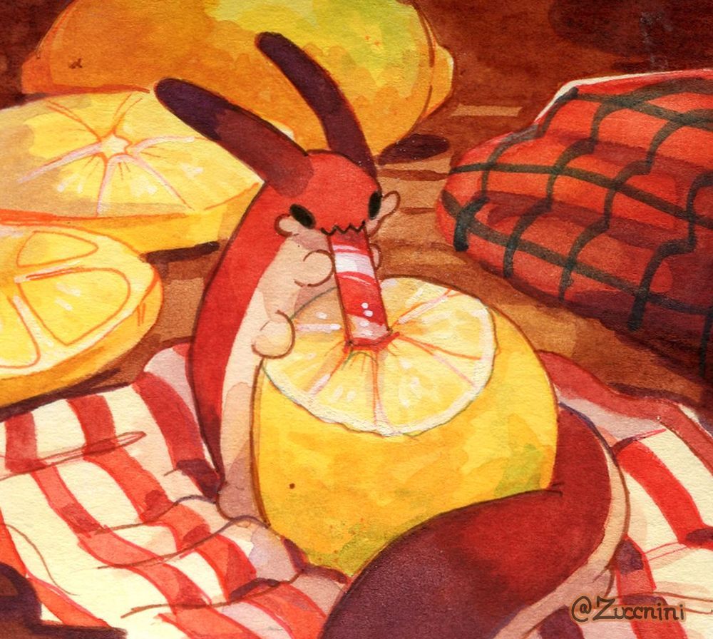 Watercolor artwork of Wormbo wrapped around a lemon drinking it through a peppermint straw. 