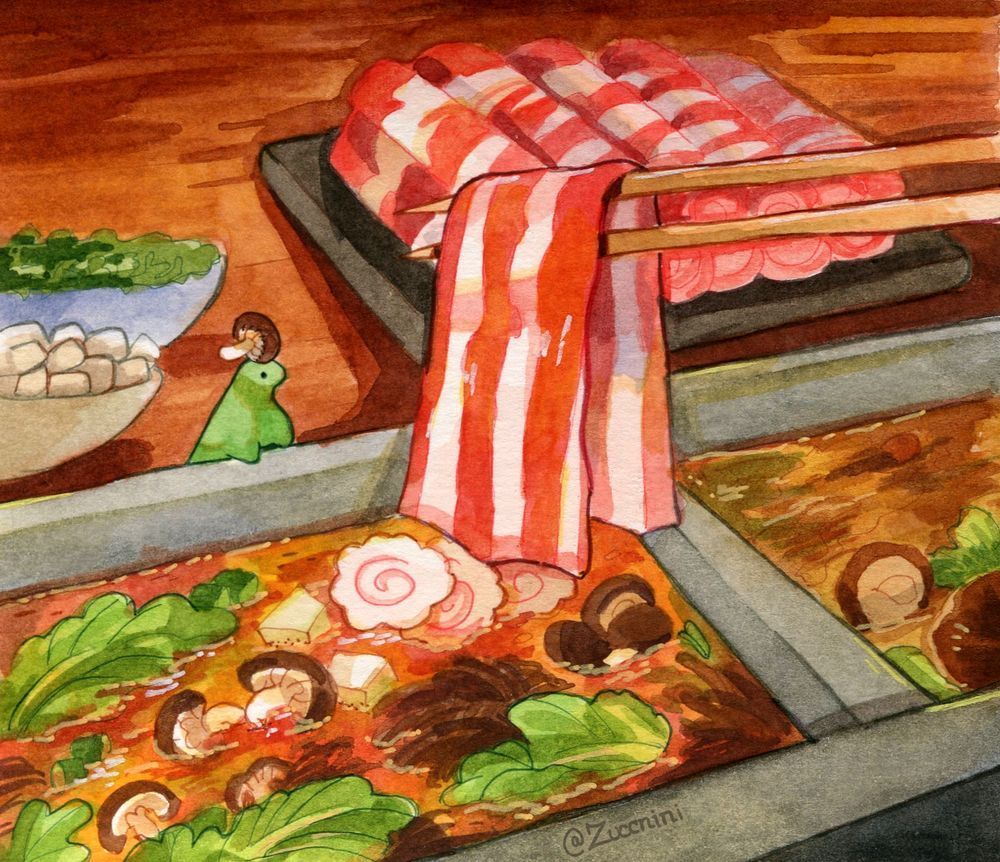 Watercolor artwork depicting a tiny green Jammy with a mushroom hat observing a cut of meat being put into broth. 
