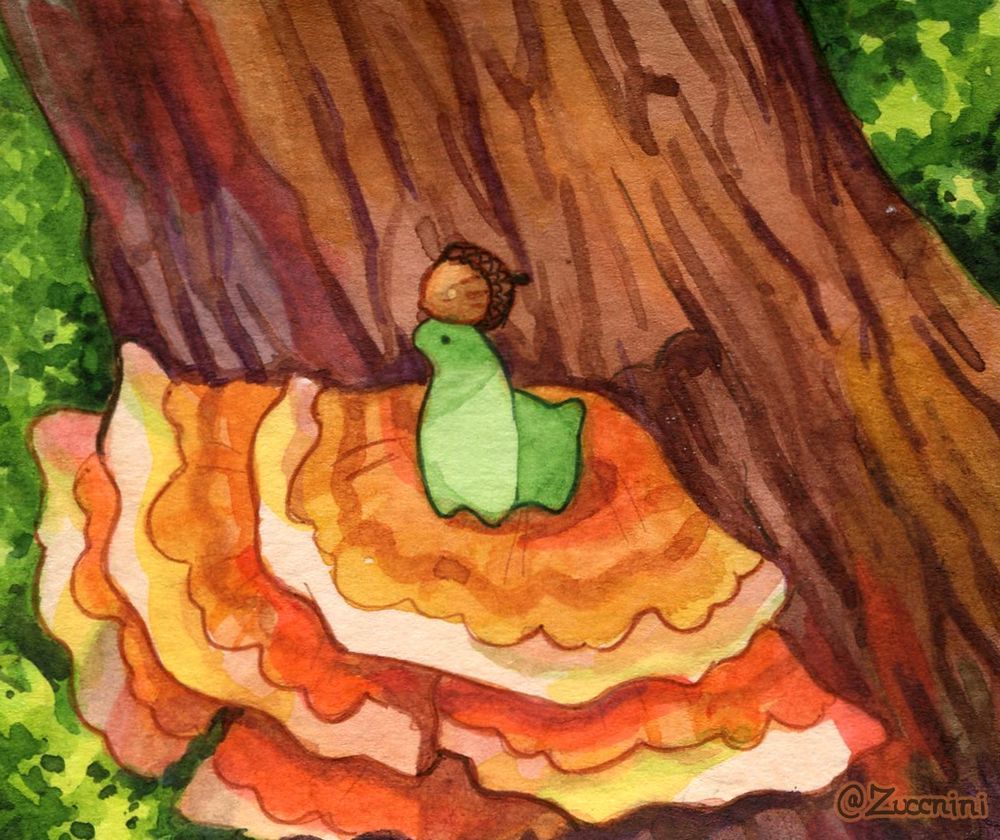 Watercolor artwork of a tiny green dinosaur on a bright orange mushroom on a tree
