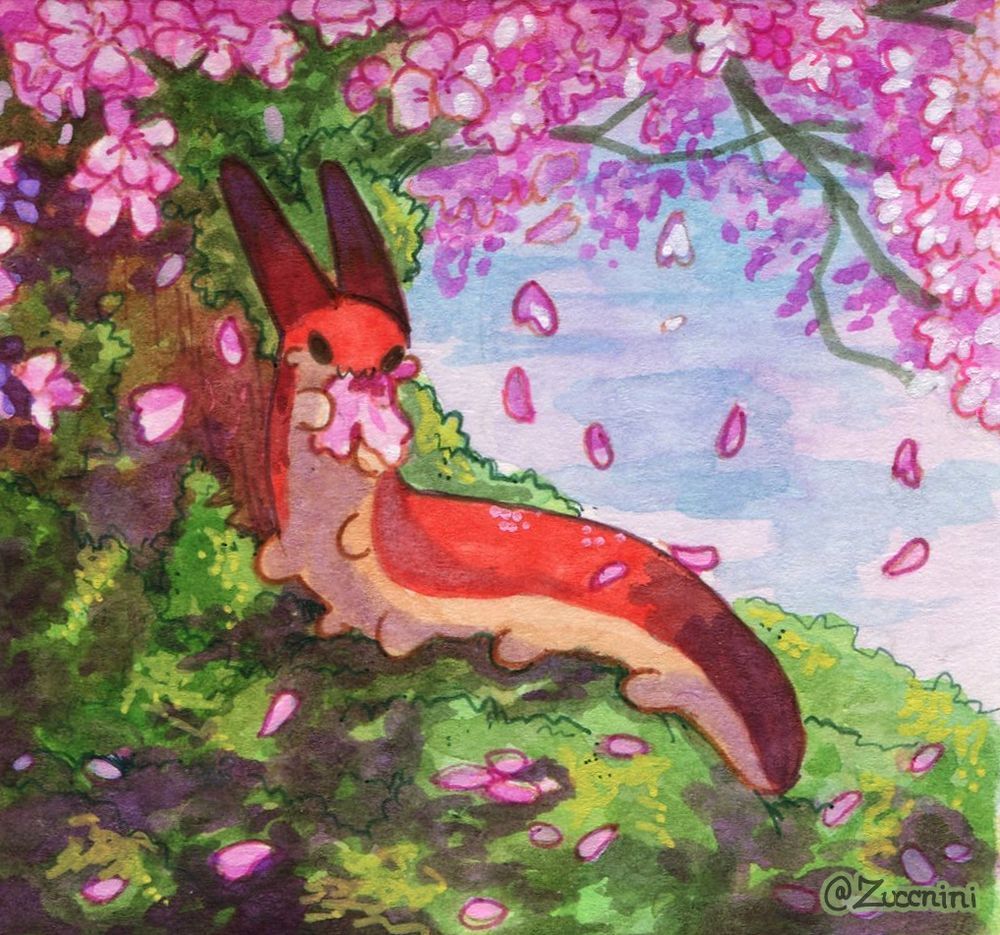 Watercolor artwork of wormbo eating a blossom. 