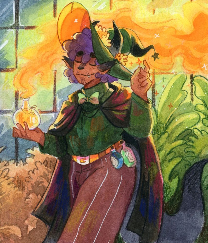 Watercolor artwork of Markus using a potion to bring some plants back to life. 
