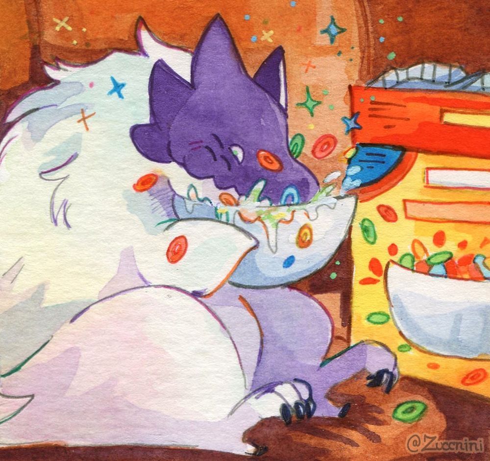 Watercolor artwork of Mr Dinosir eating a bowl of cereal. 
