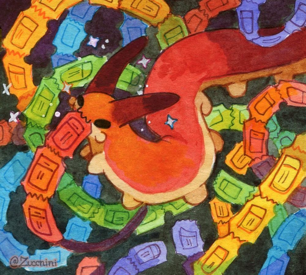 Watercolor artwork of wormbo among a bunch of rainbow tickets