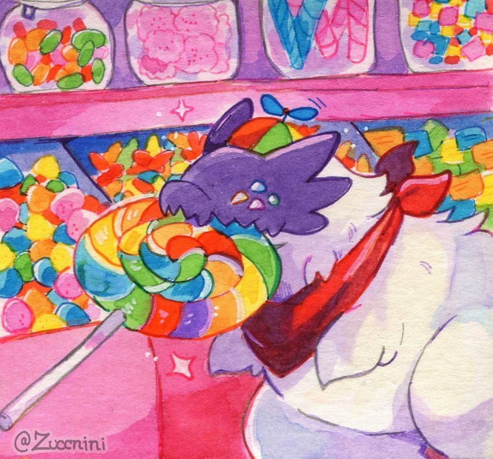 Watercolor artwork of Mr Dinosir with a giant swirly lollipop in a candy store