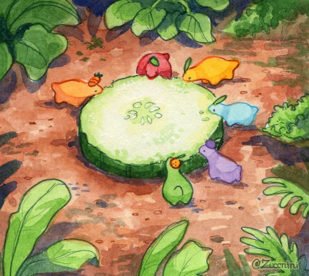 Watercolor artwork of a cucumber slice being eaten by many tiny jammies