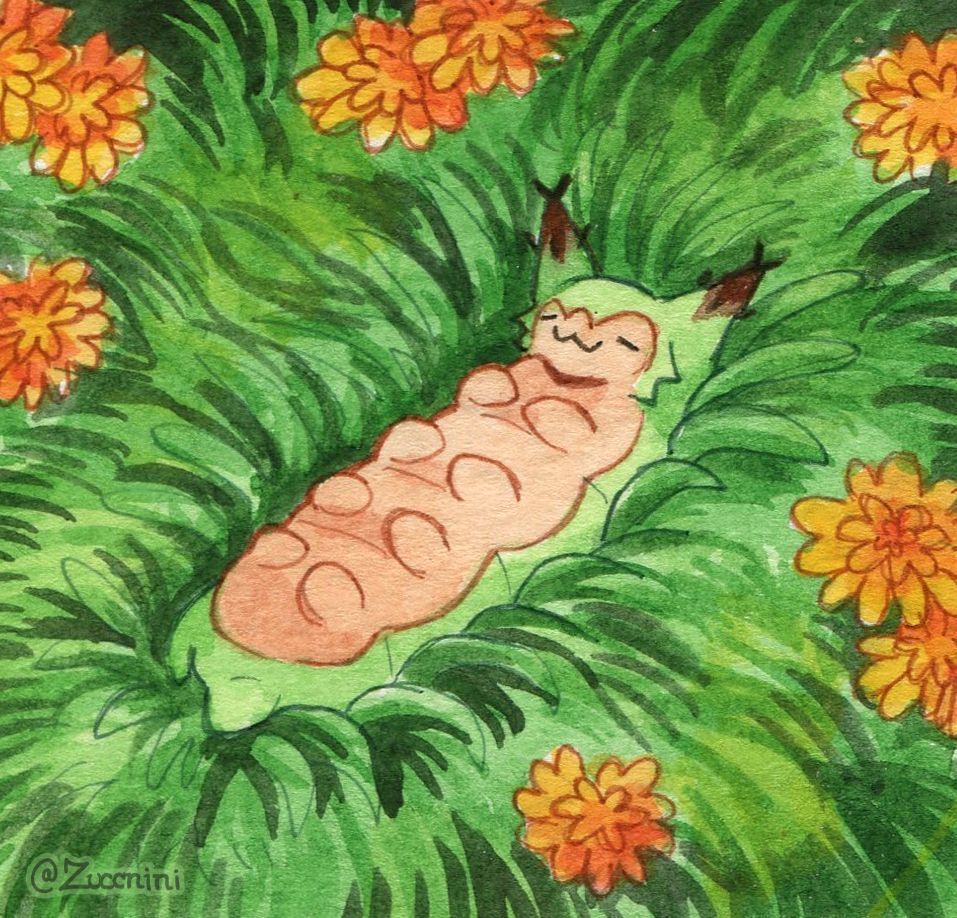 Watercolor artwork of Goobi laying in grass