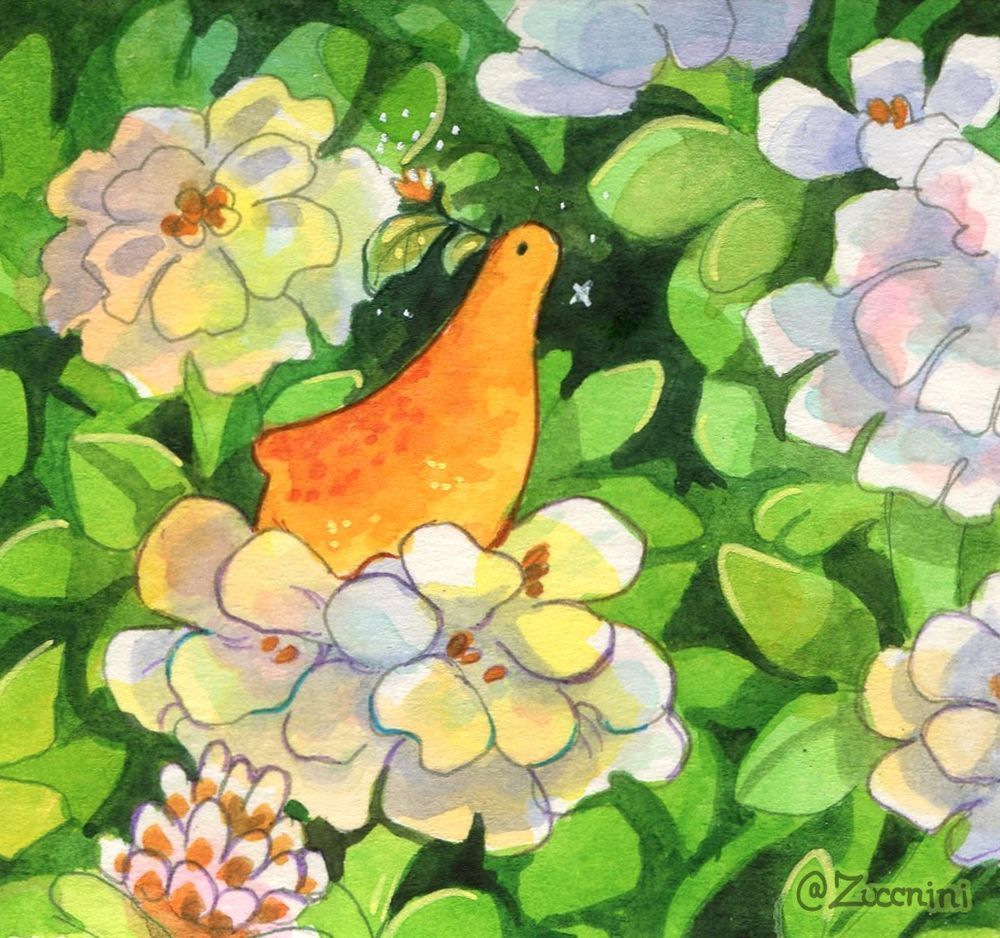 Watercolor artwork of jammy the clay dinosaur in a tiny flower, basking. 