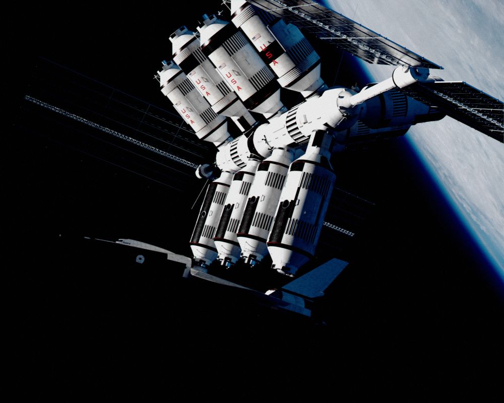 An early space shuttle, showing a more pointed design, docked with a modular space station consisting of 12 nearly identical white modules.
