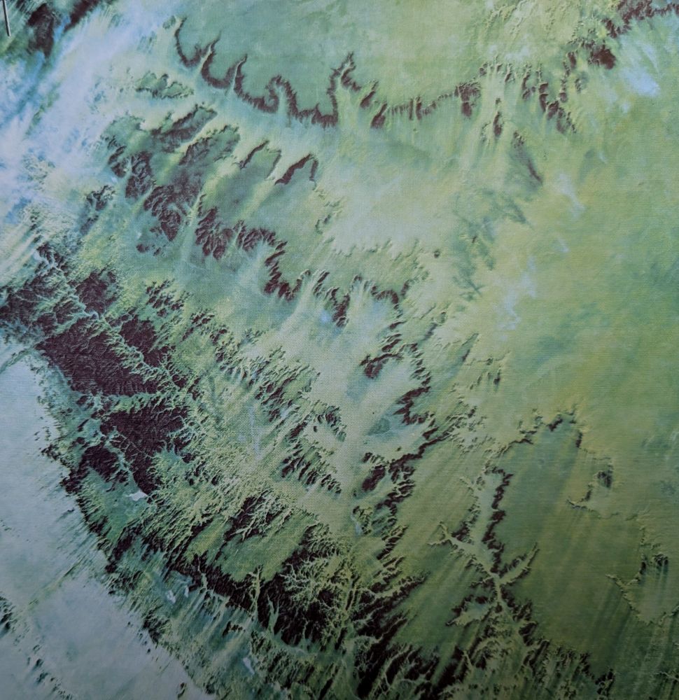 A false color image of a desert. 