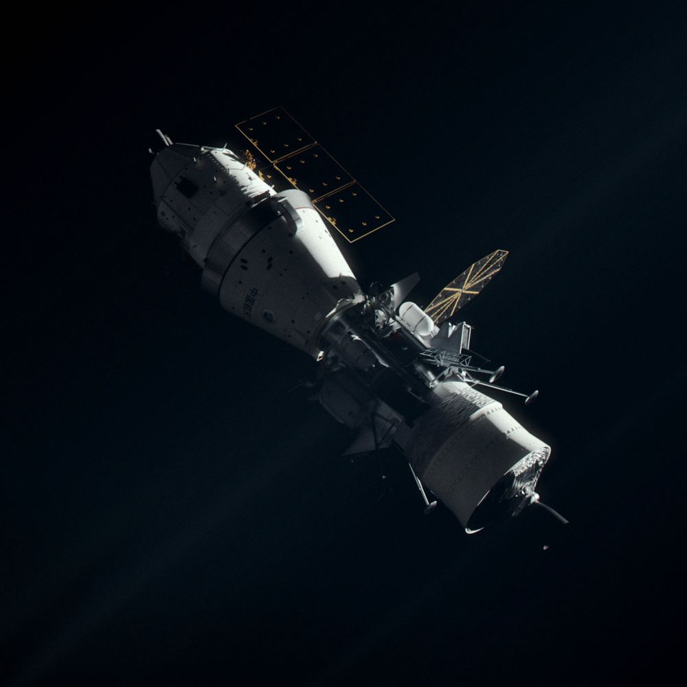 Mengzhou and Lanyue docket, ready for a flight down to the lunar surface. Mengzhou is on the top of the stack. 