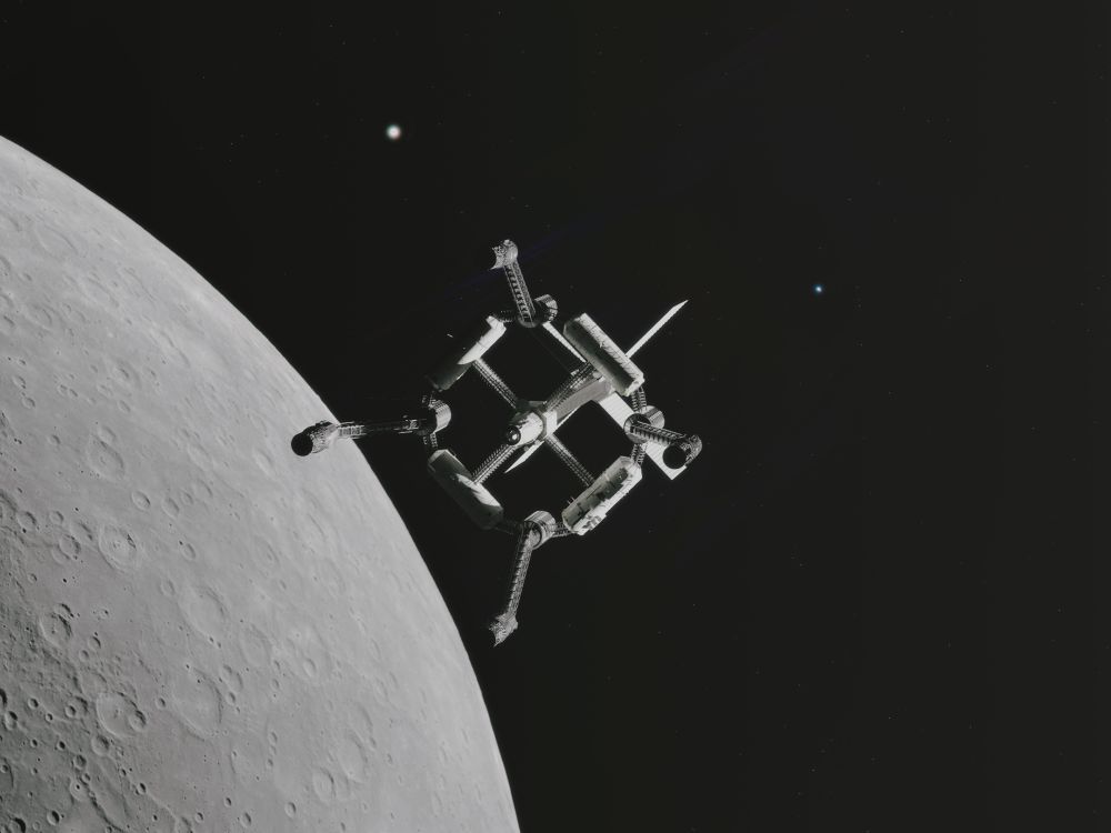 A spindly spacecraft over Mercury. Venus and Earth are in the background.