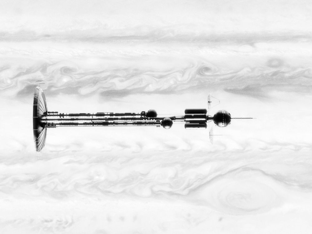 A spindly spacecraft over Jupiter 