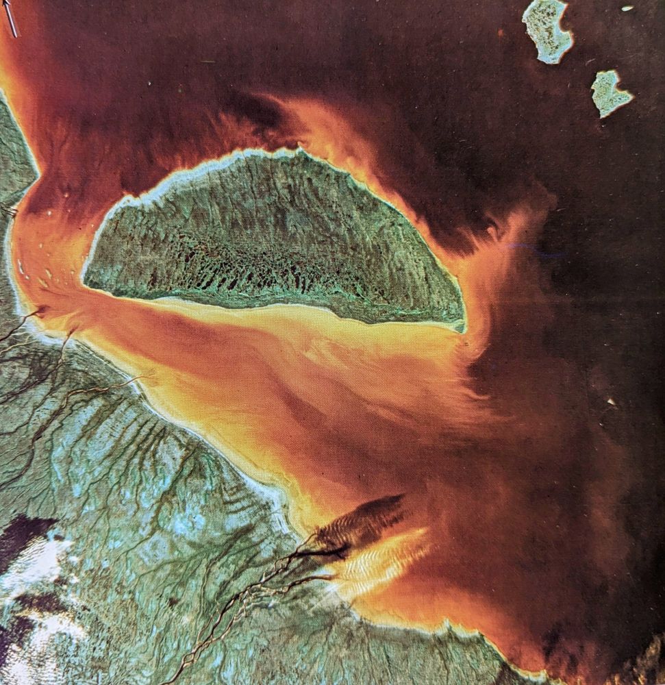 Landsat image, false color. Island in water, the silt giving a orange color. 
