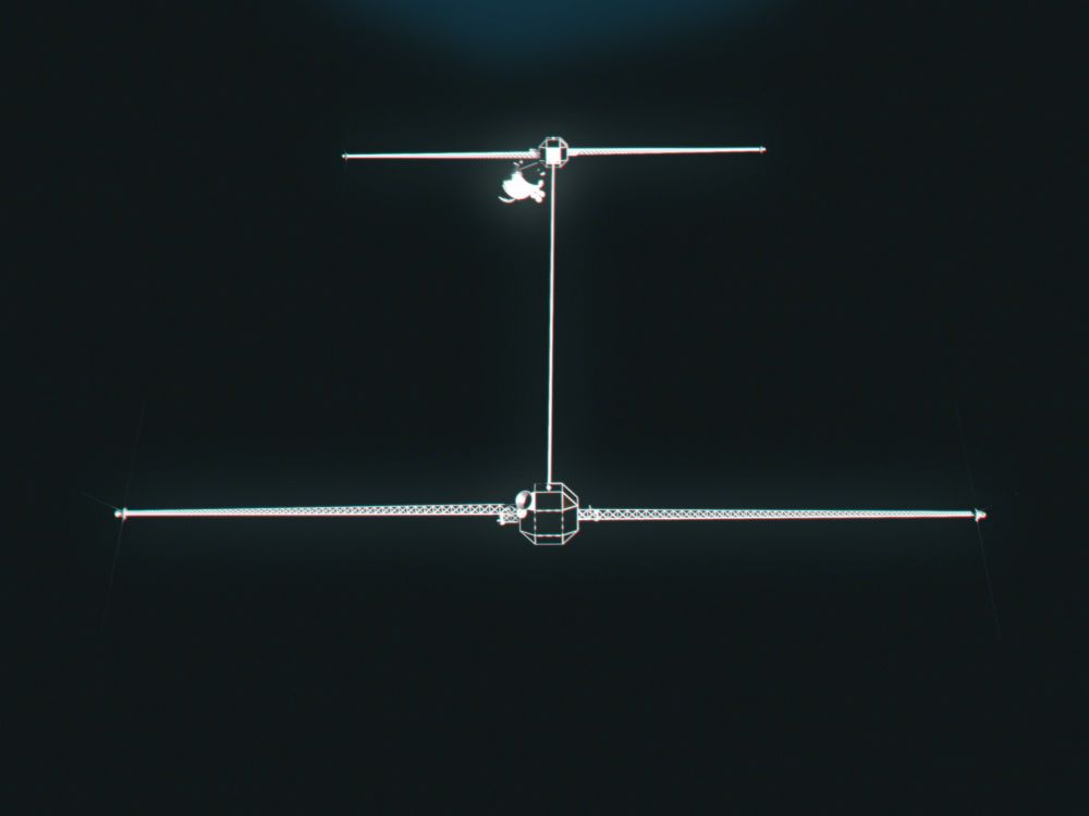 An H-shaped interferometer floating in space. An Apollo CSM is attached to the far end.