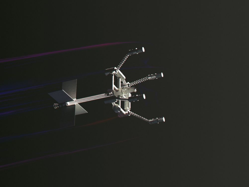 A spindly spacecraft with four probes generating an aurora.